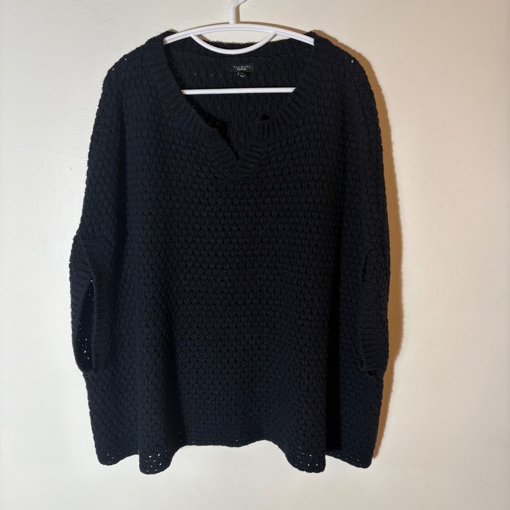 Talbots Black Textured Knit Short Sleeve Sweater Shrug V-Neck Size L/XL